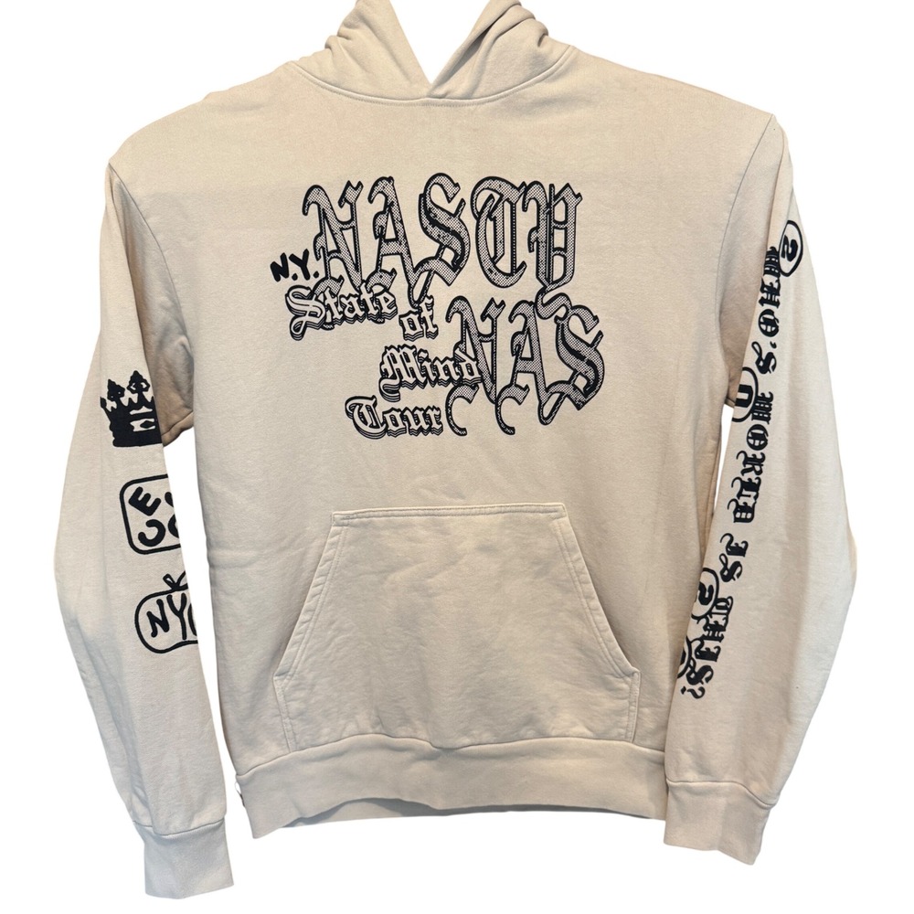 Nas NY State of Mind Tour Hoodie M Graphic Cream Pullover Sweatshirt
